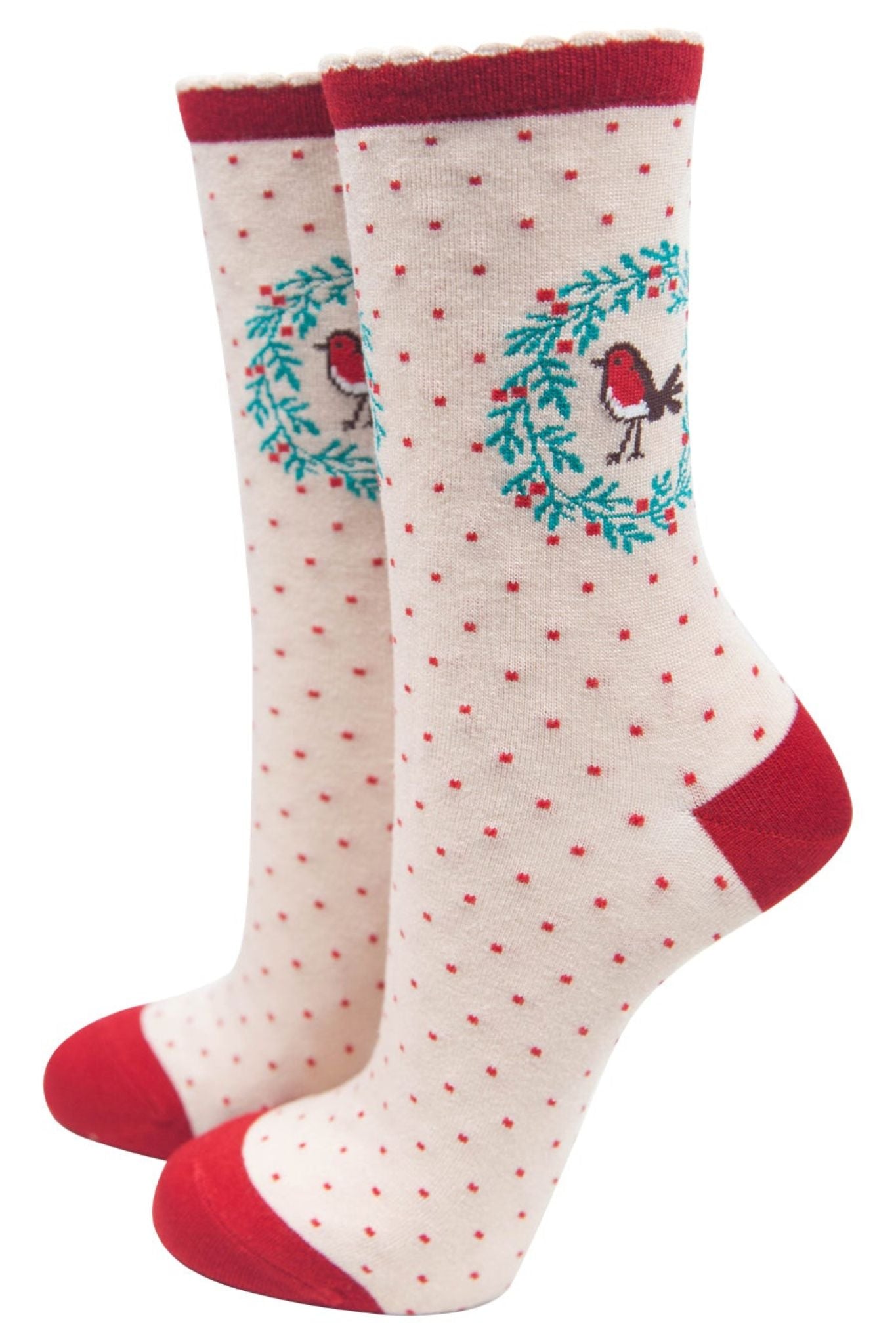 cream and red bamboo socks featuring a xmas robin and hollly garland wreath