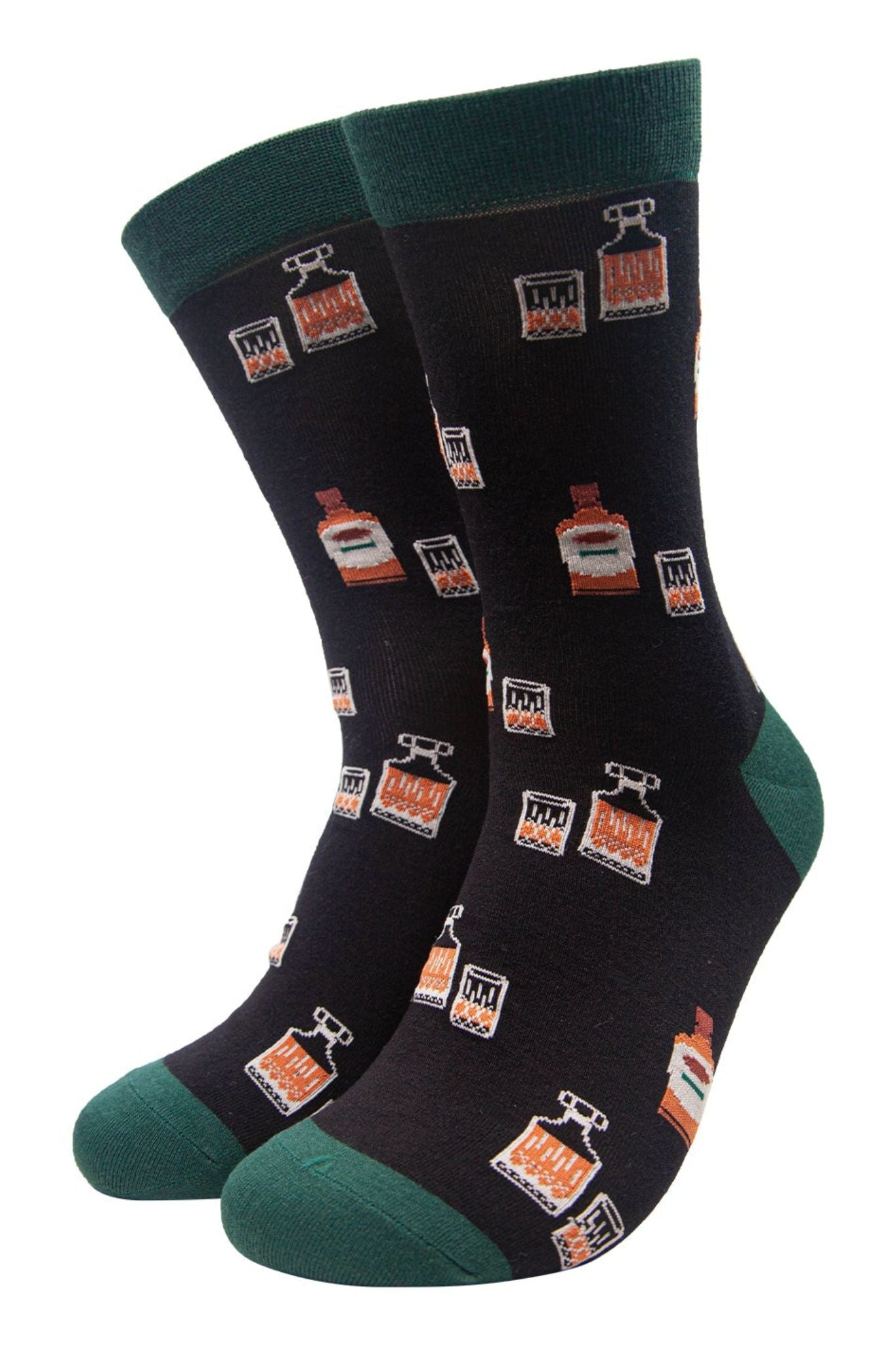 black bamboo dress socks featuring whisky glasses and decanters