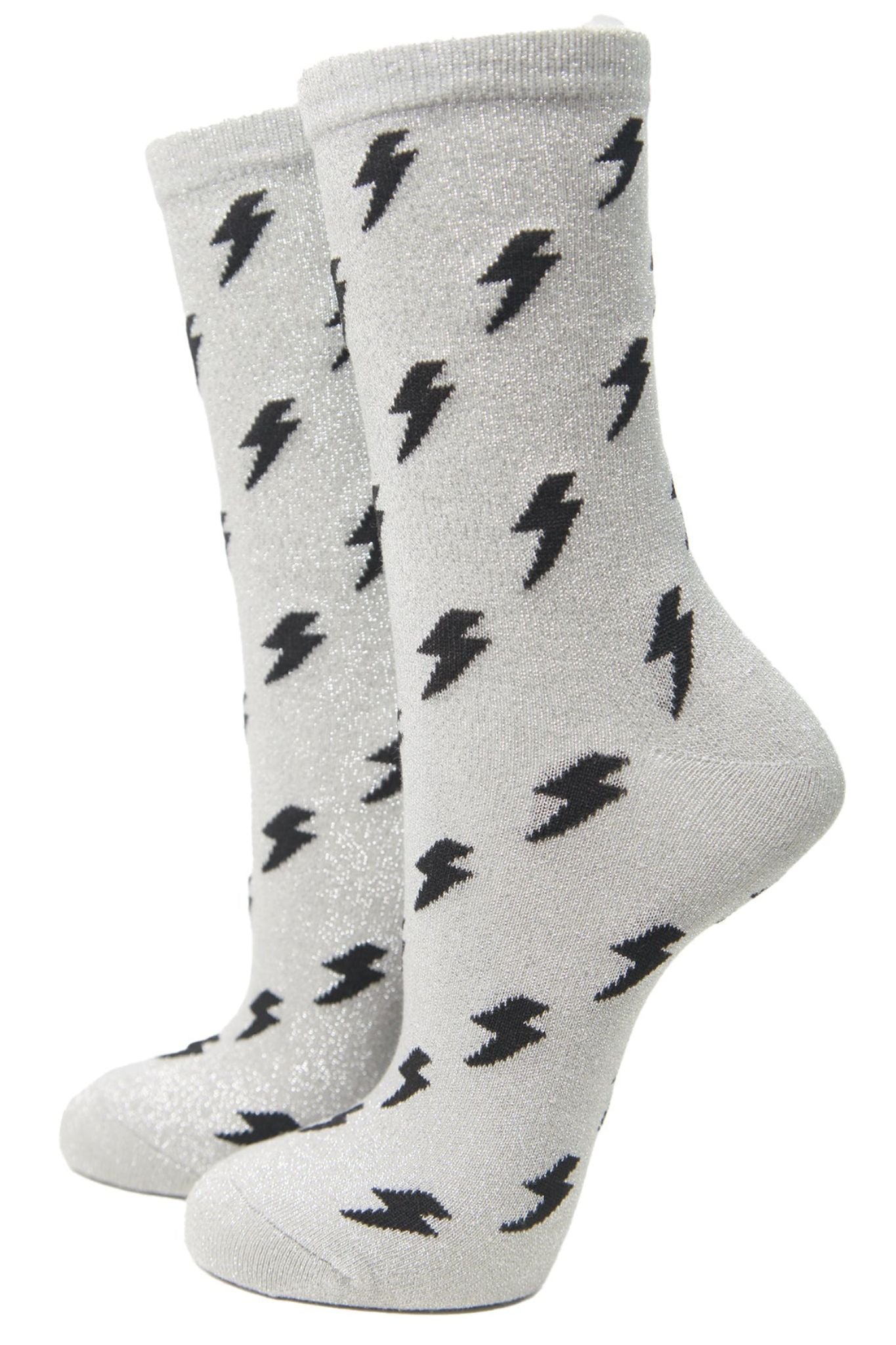 Women's Glitter Ankle Socks Lightning Print Thunder Bolt Silver Sparkly Black