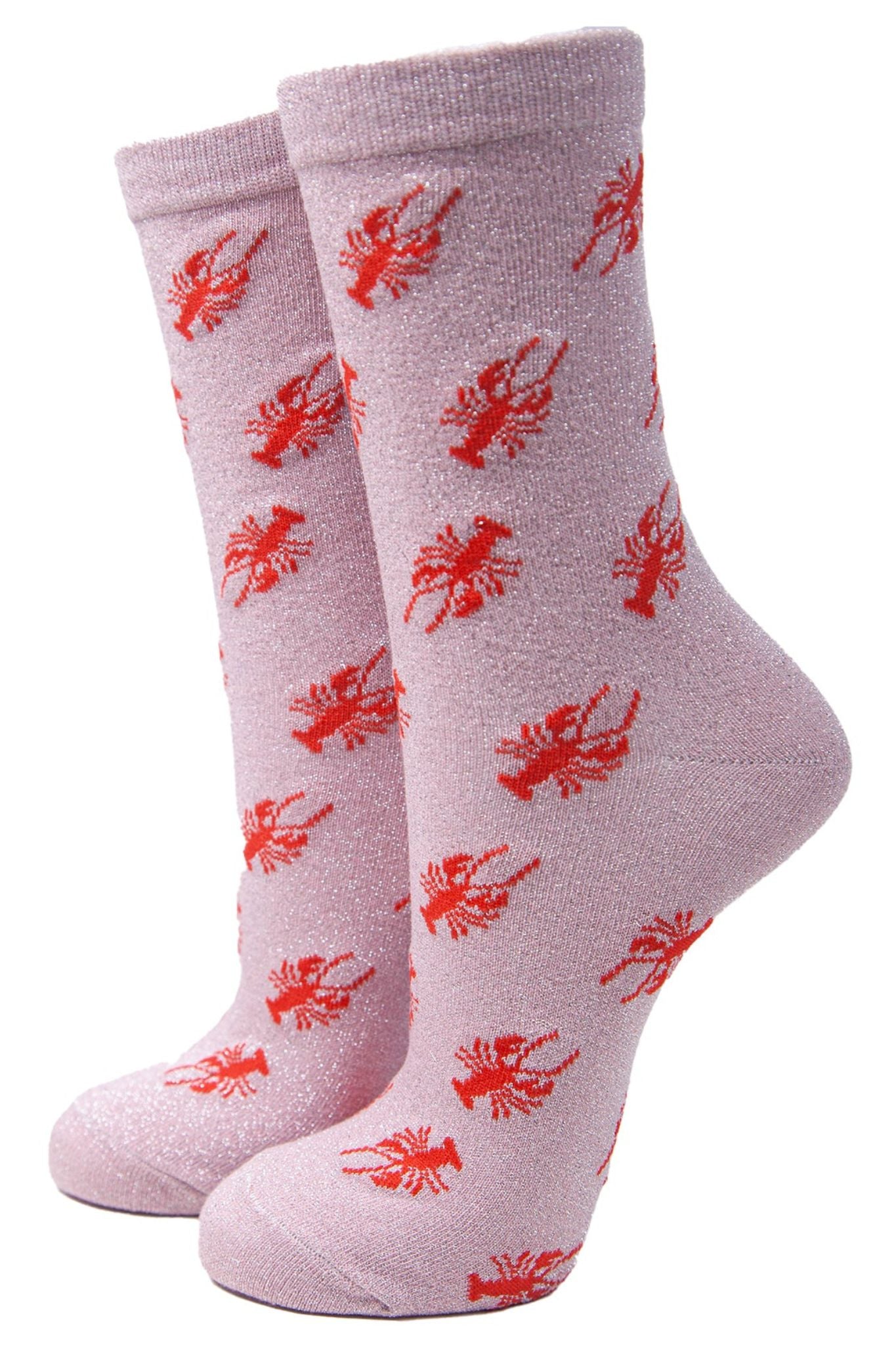 pink ankle socks with red lobster print with an all over silver glitter shimmer