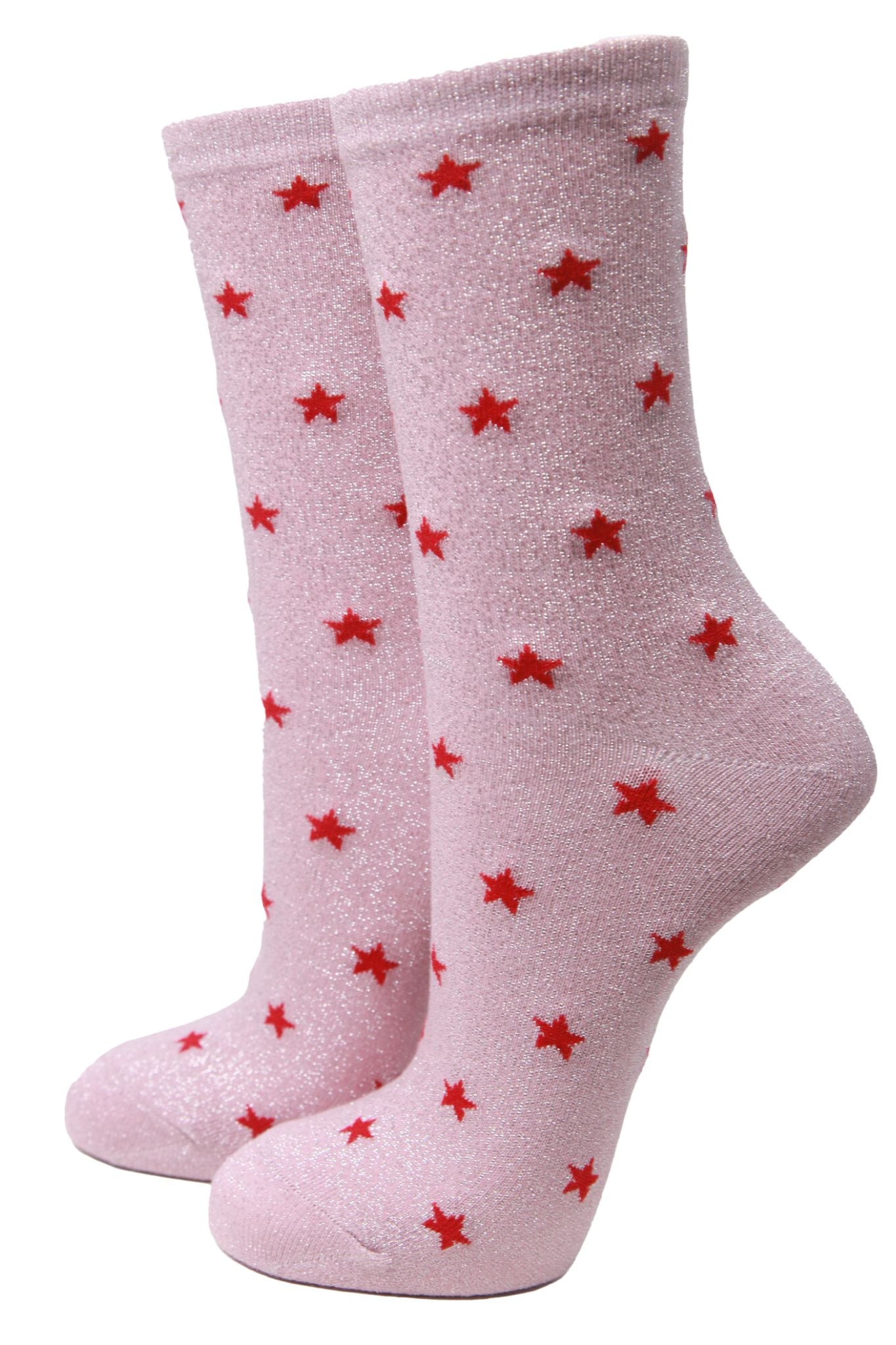 pink ankle socks with an all over silver glitter shimmer with red stars