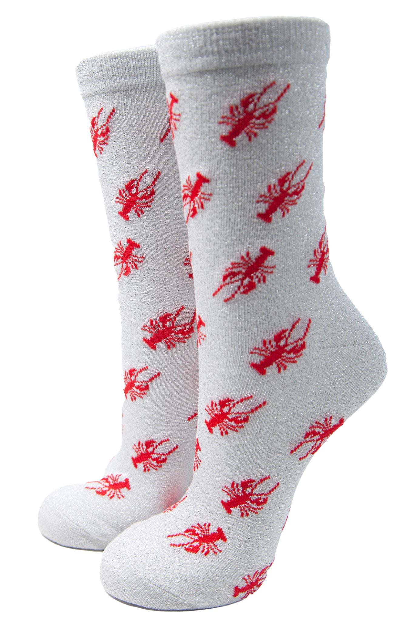 white socks with an all over silver glitter shimmer with red lobster pattern