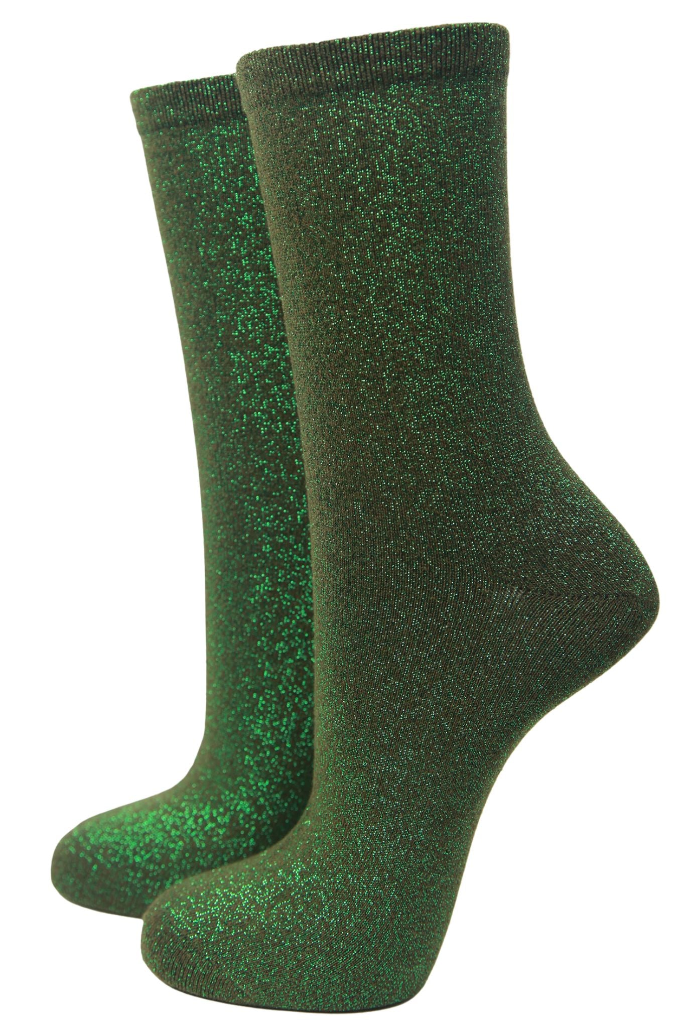 khaki green ankle socks with an all over green glitter sparkle