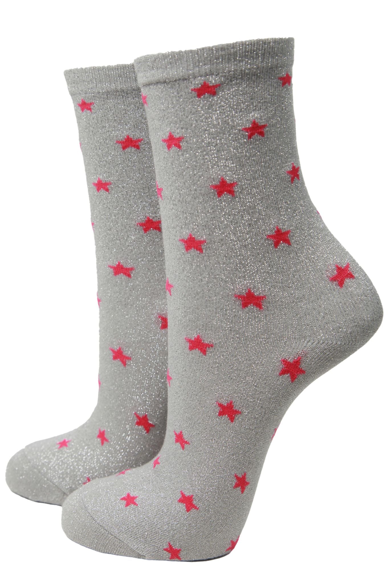 grey glitter ankle socks with an all over shimmer and pink star pattern