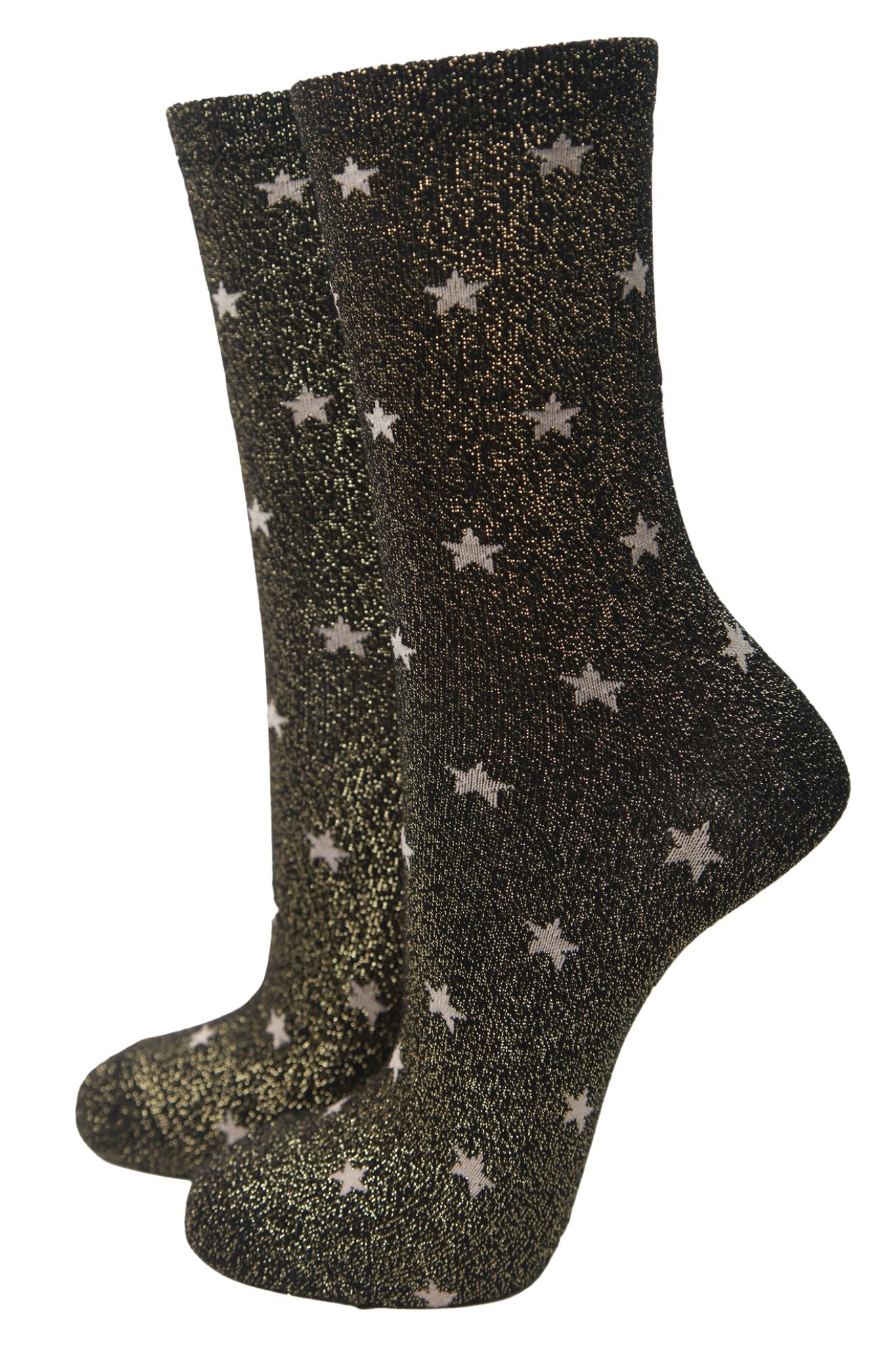 gold and black glitter ankle socks with an all over gold star pattern
