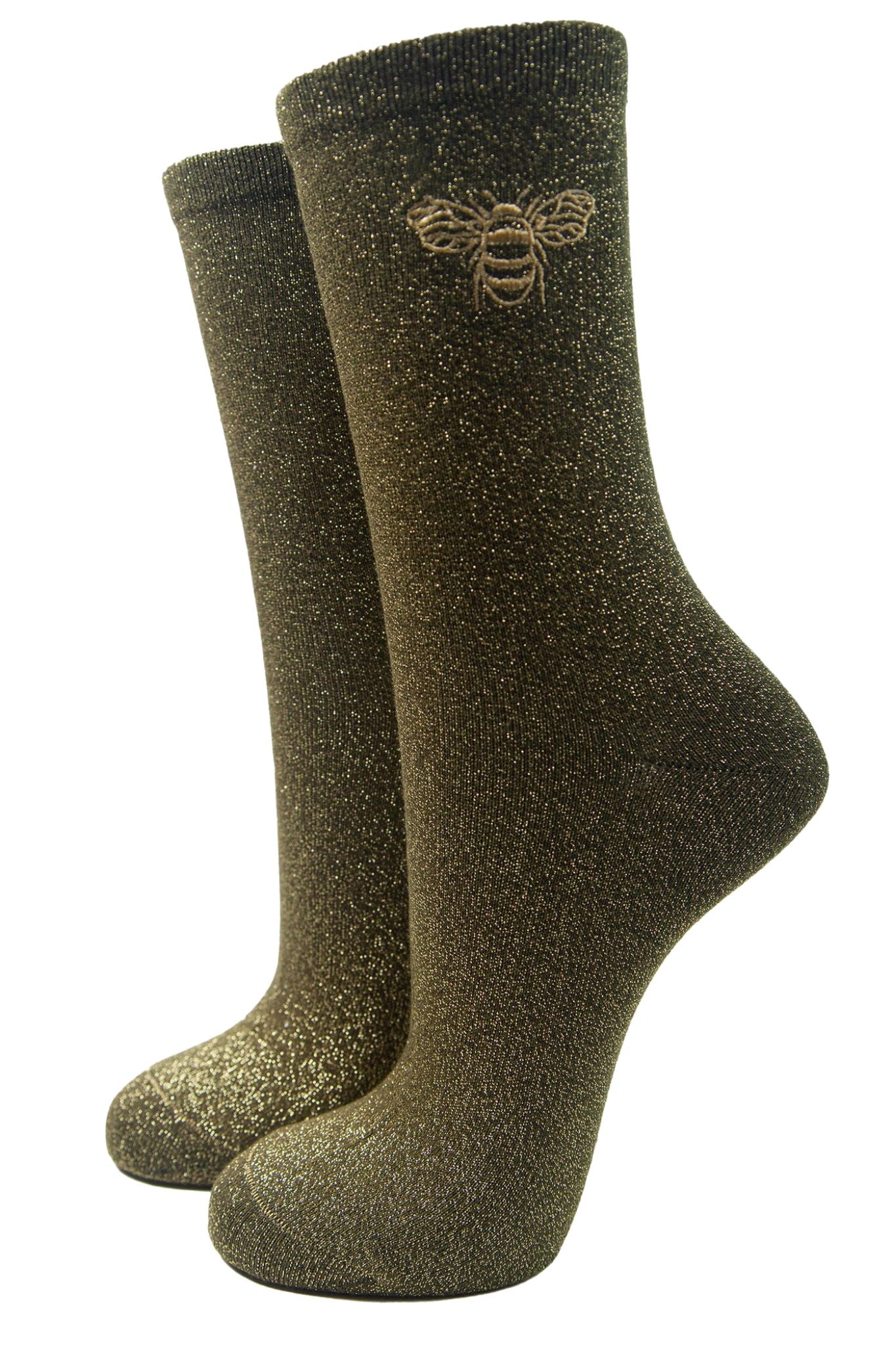 khaki green and gold glitter socks with a gold embroidered bee