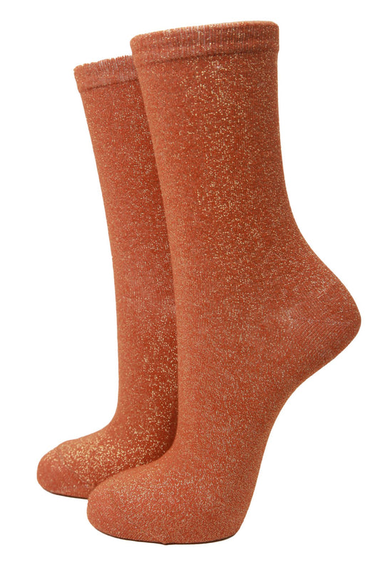 pumpkin orange ankle socks with an all over gold glitter shimmer