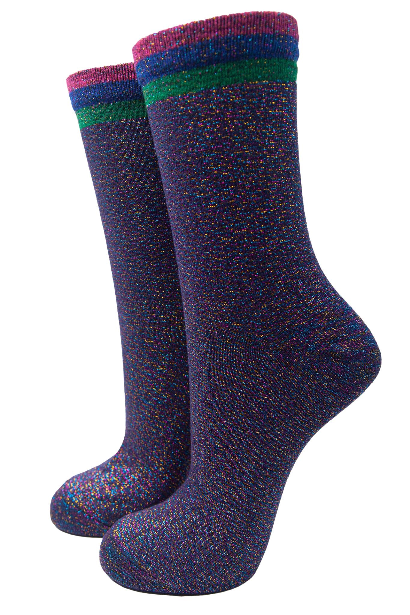 navy blue rainbow glitter socks with multicooured glitter cuffs