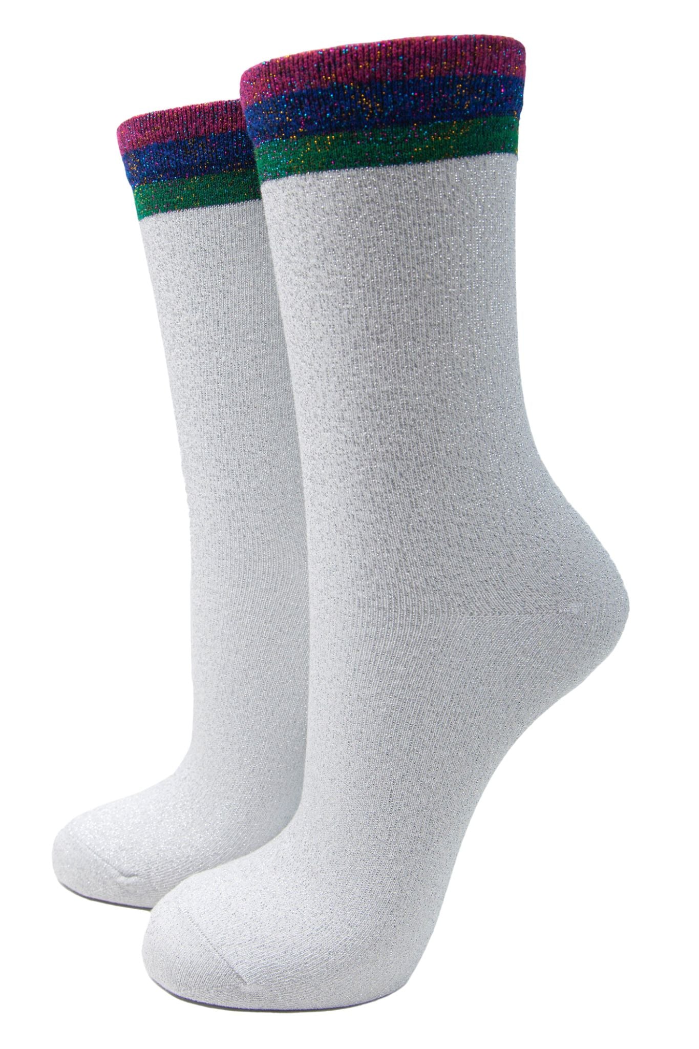 white glitter socks with a multicoloured striped cuff