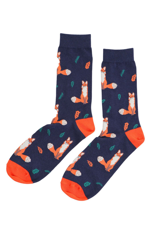 navy blue bamboo dress socks with red foxes 
