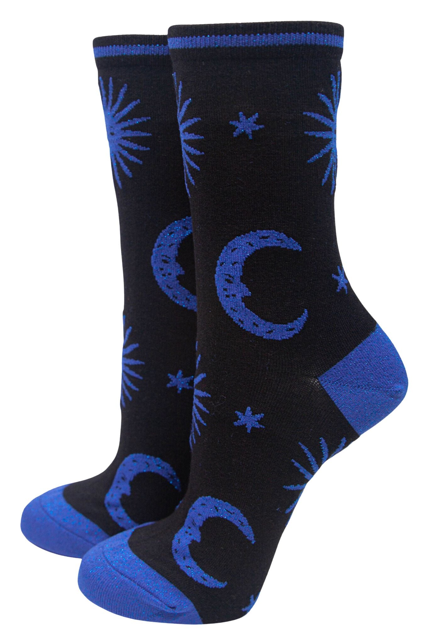 black bamboo ankle socks with a blue glitter star and moon pattern