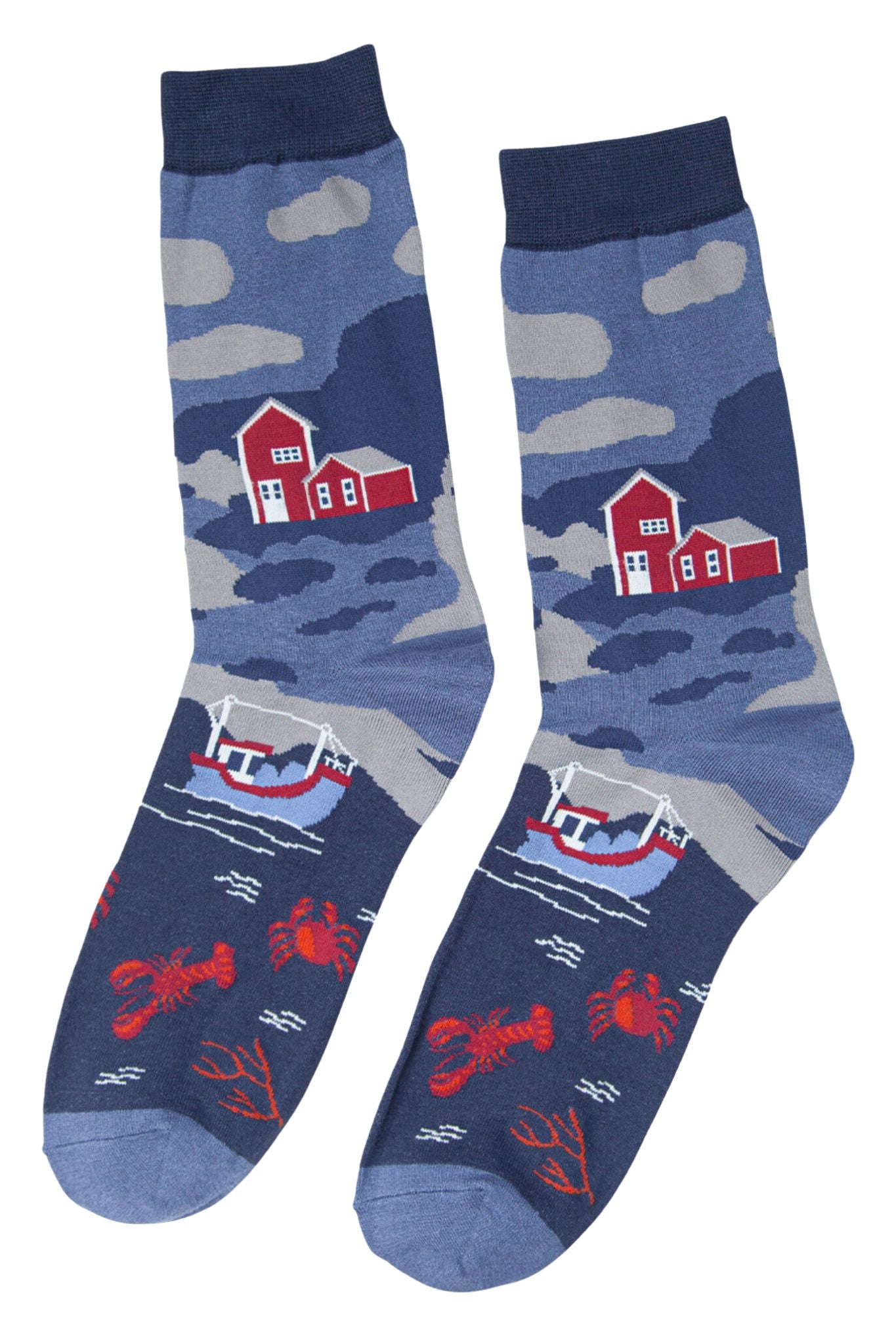 mens bamboo dress socks with lobsters, boats and an oceanscape scene