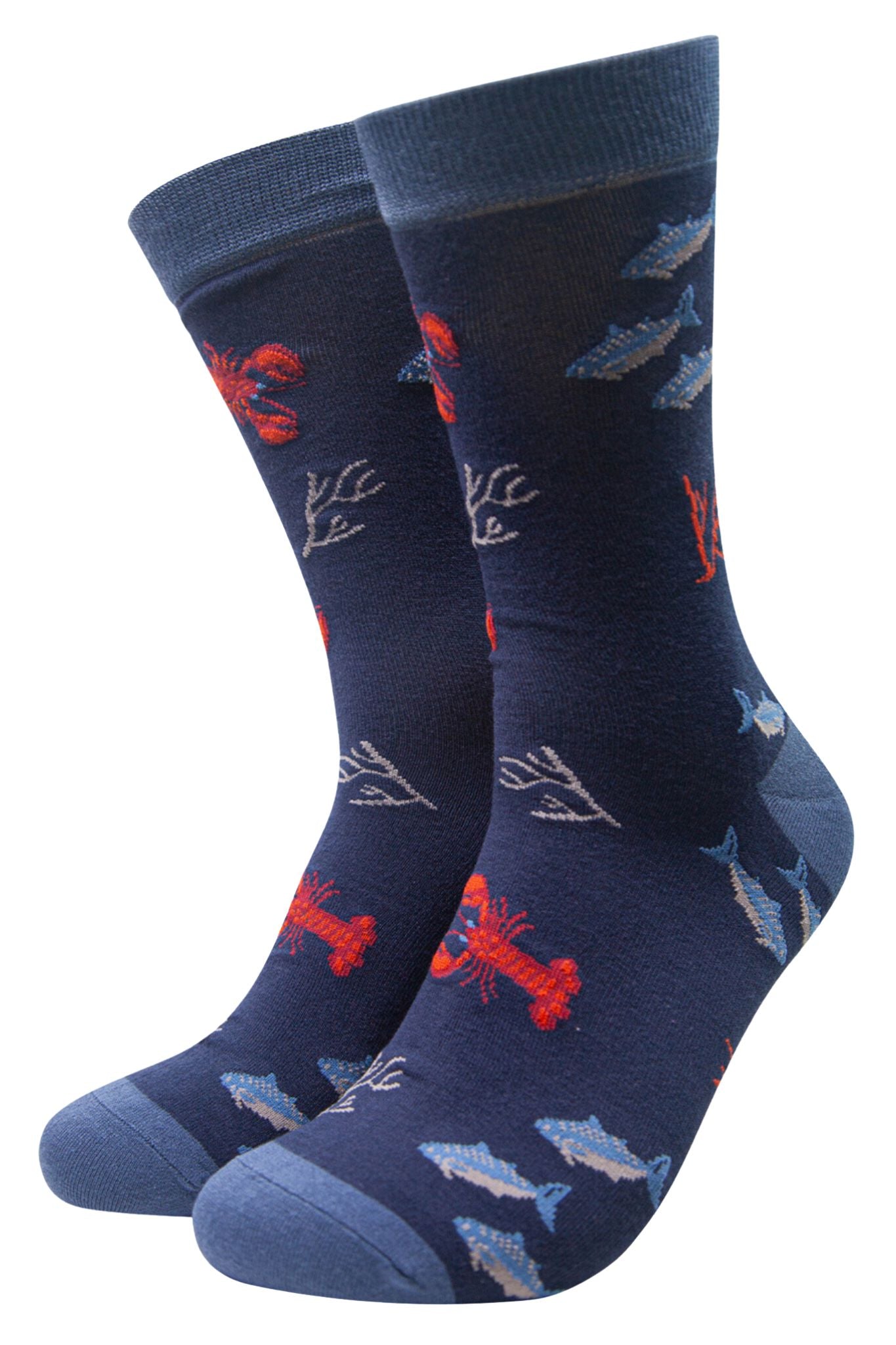 blue bamboo dress socks with a pattern of lobsters and fish