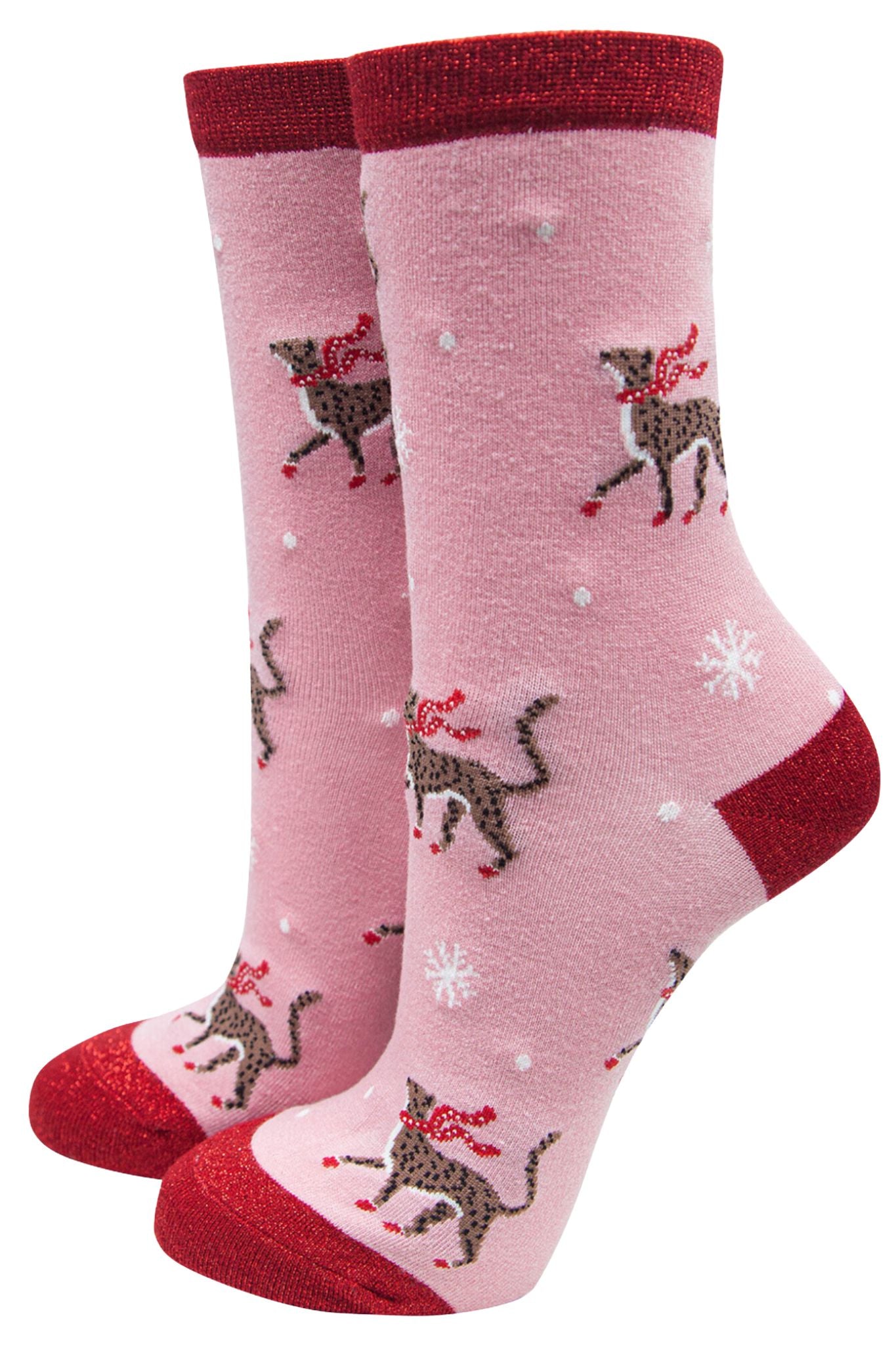 pink bamboo socks with cheetah cats, red glitter trim, toe and heel