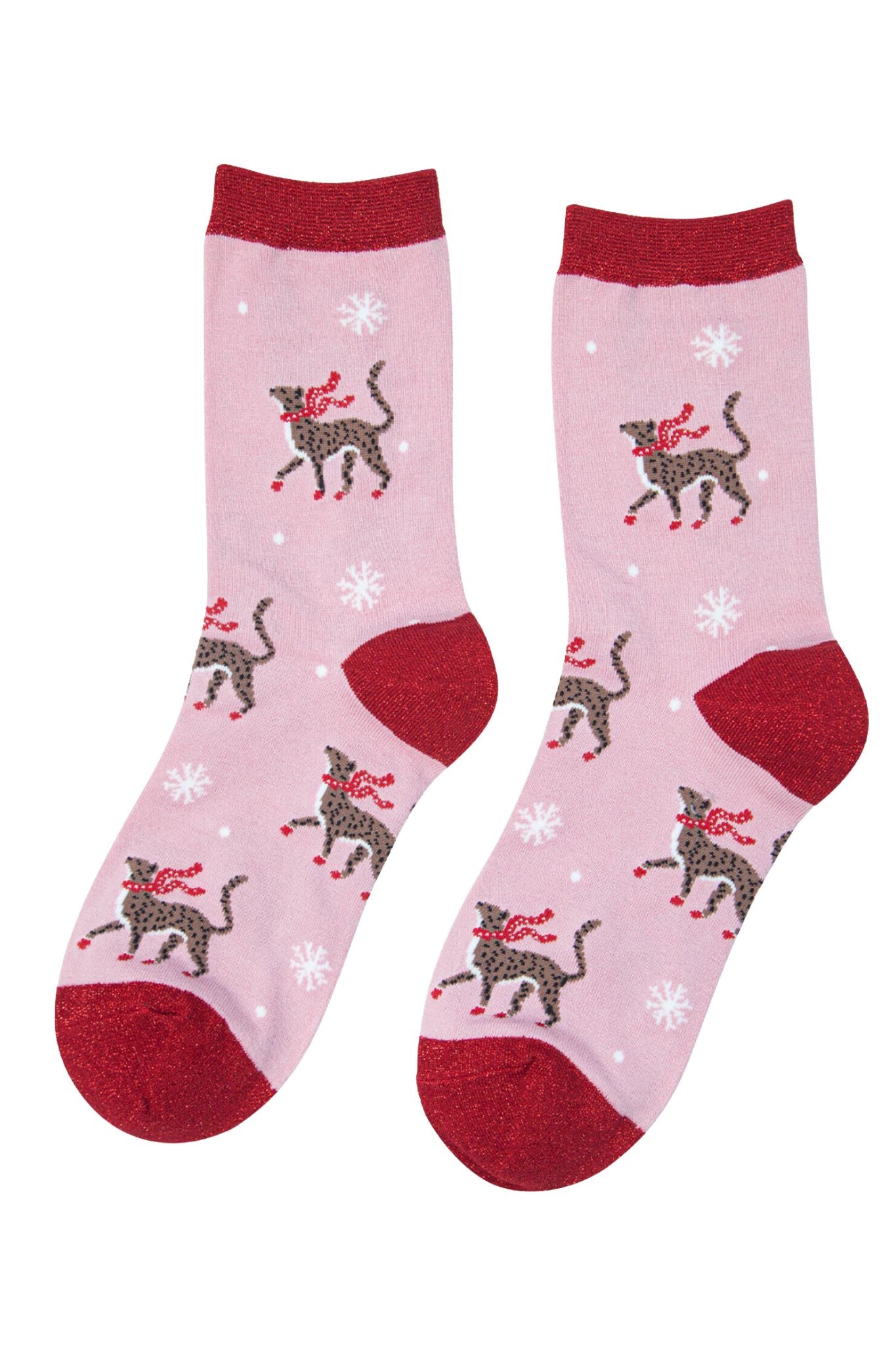 Women's Bamboo Glitter Christmas Socks Cheetah Animal Print Pink