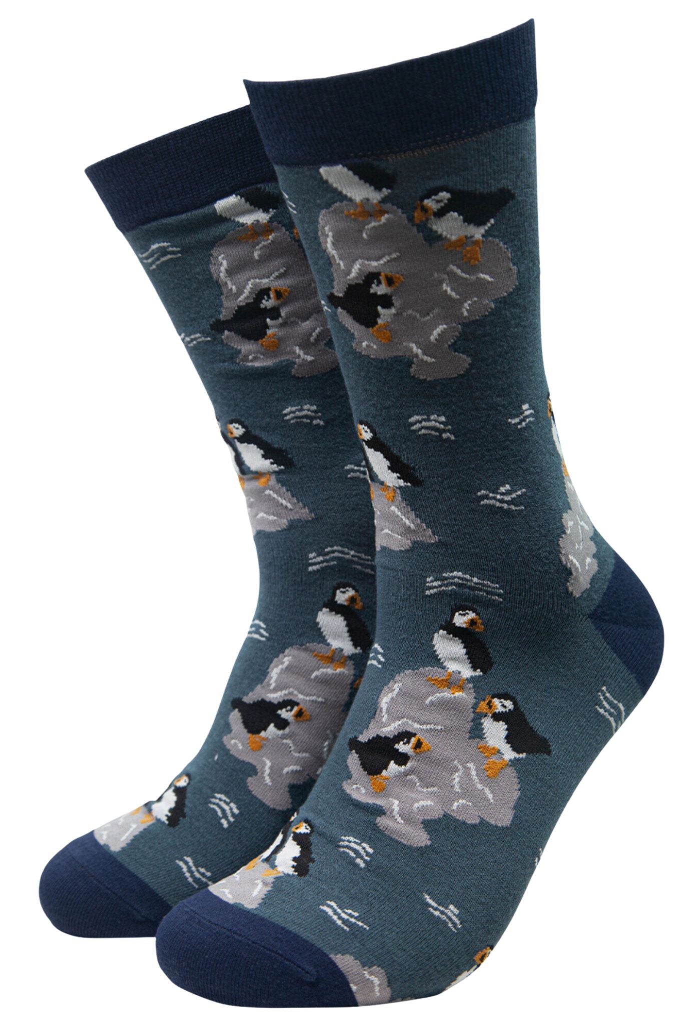 mens blue dress socks made from bamboo with puffin birds