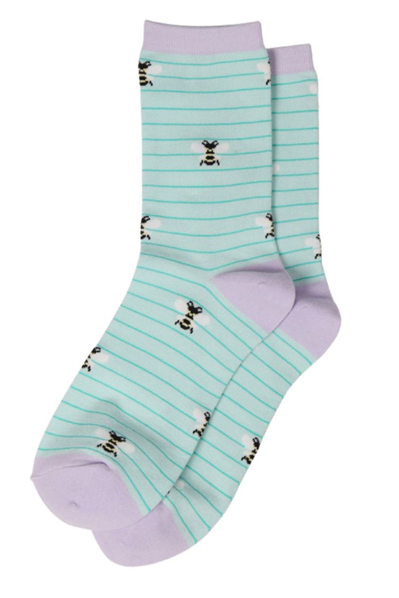 mint green bamboo ankle socks with stripes and bumblebees