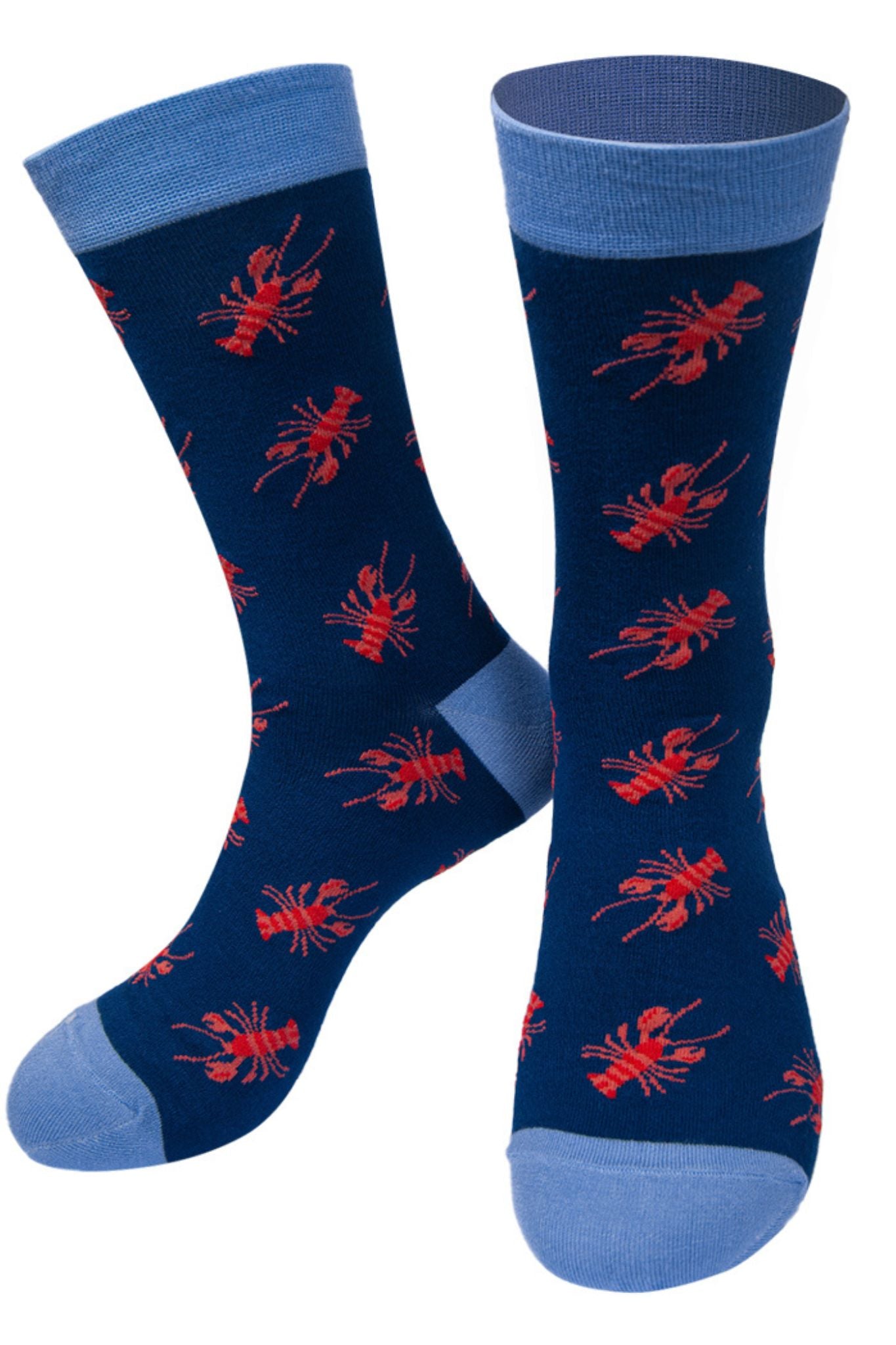 blue socks with an all over red lobster print pattern