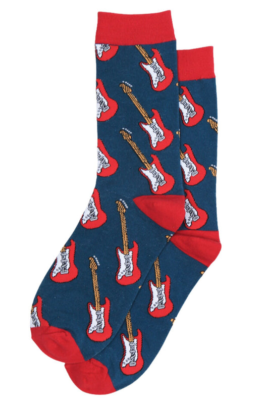 blue bamboo socks with red toe, heel and cuff with an all over guitar print pattern
