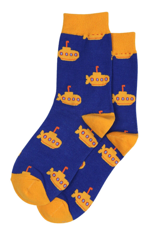 blue bamboo socks with a pattern of yellow submarines and yellow toe, heel and trim