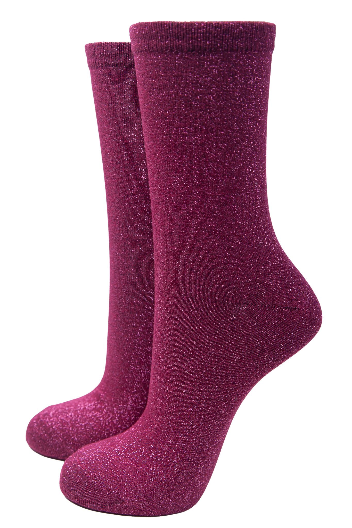 glitter ankle socks in a cranberry red with an all over pink shimmer