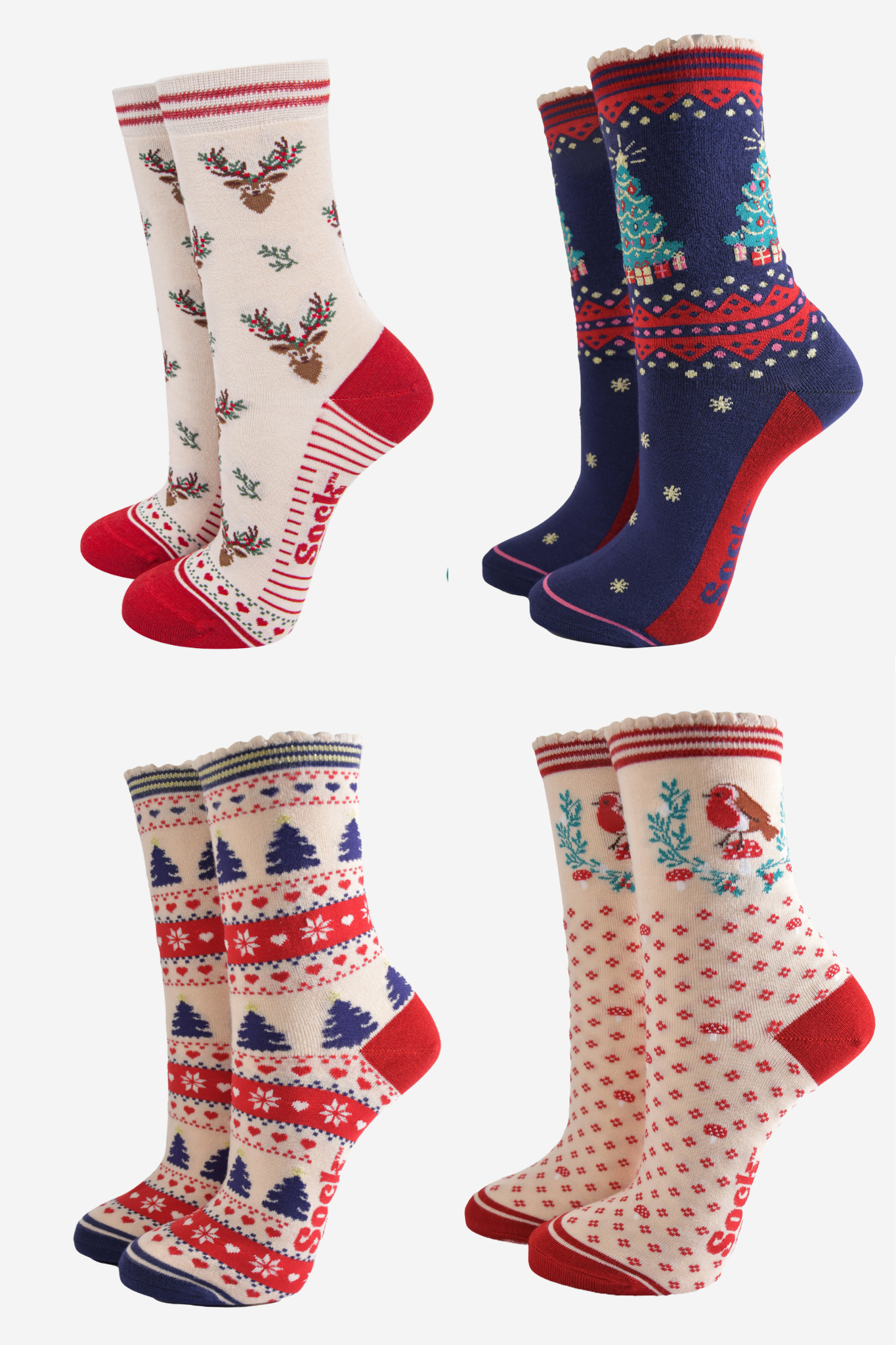 Women's Bamboo Socks Festive Gift Set - Cream/Red, Classic Christmas