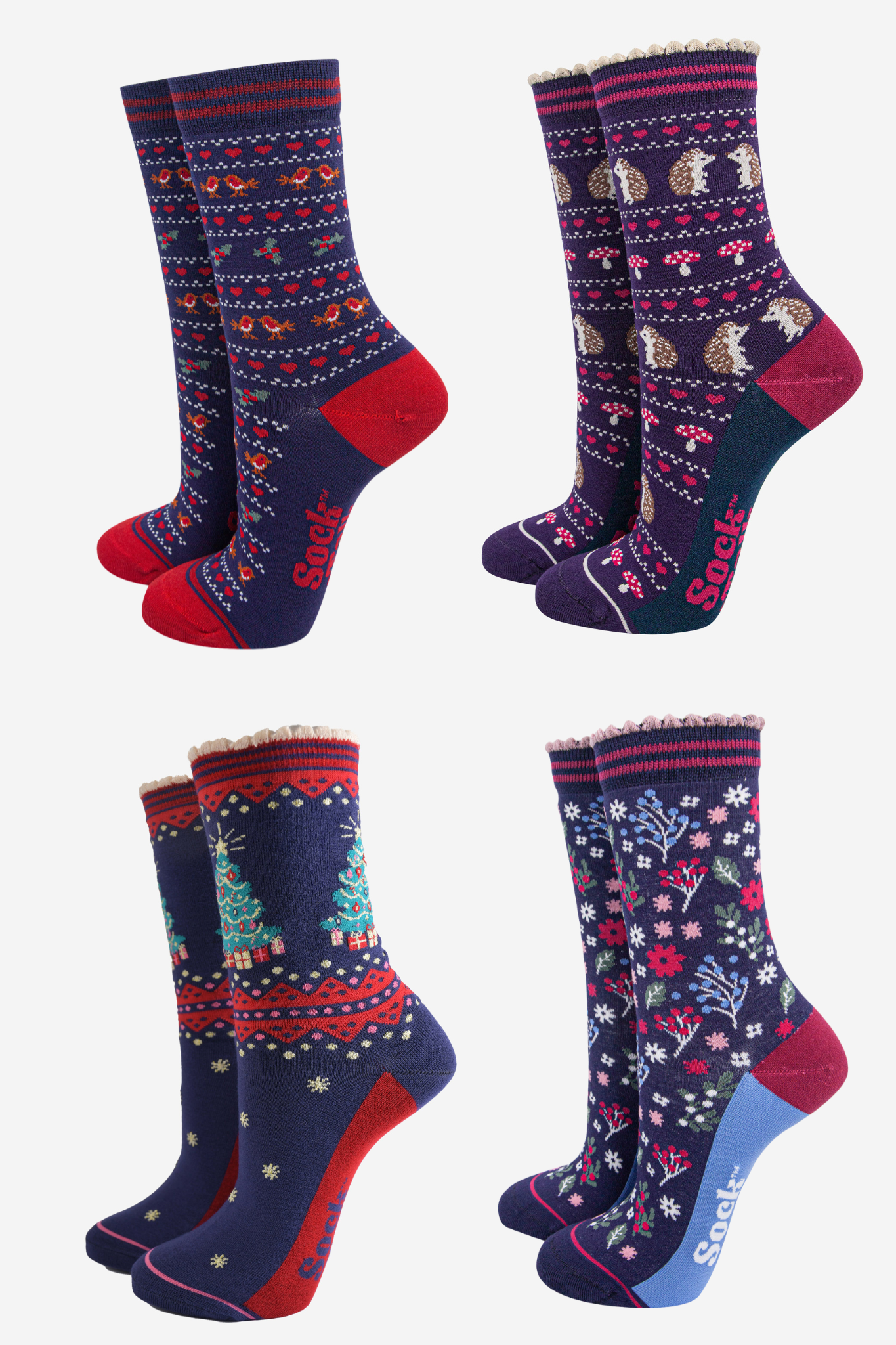 Women's Bamboo Ankle Socks Festive Gift Set - Navy Blue/Red, Woodland Animals