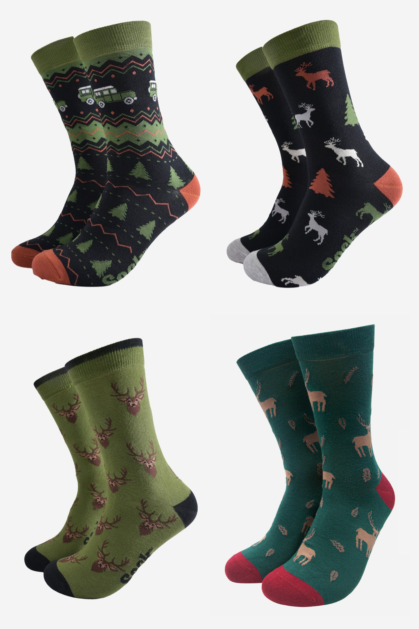 Men's Bamboo Crew Socks Festive Gift Set - Black/Green, Stag & Friends