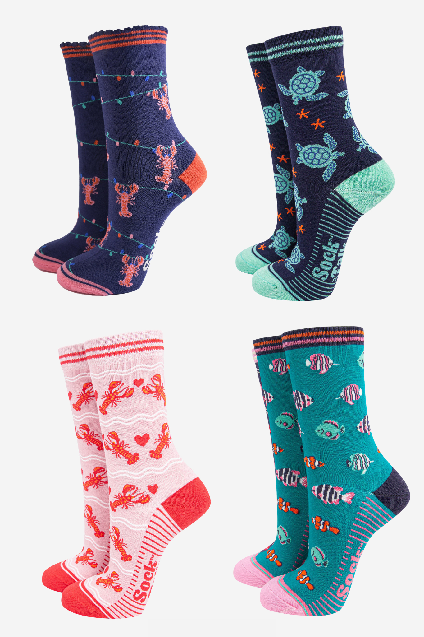 Women's Bamboo Socks Festive Gift Set - Navy Blue/Pink, Sealife