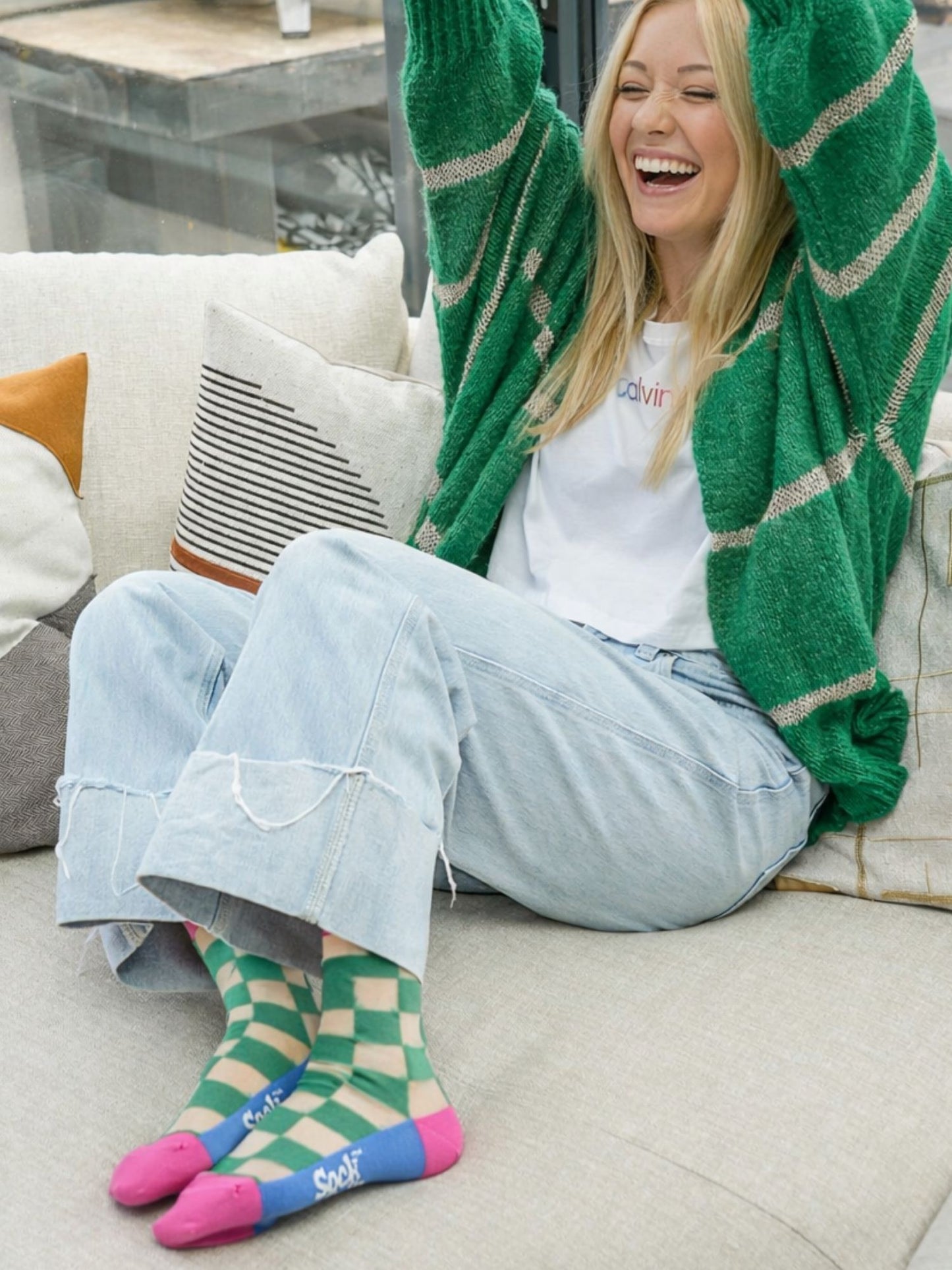 Square Checkerboard Combed Cotton Sheer Pop Socks in Green