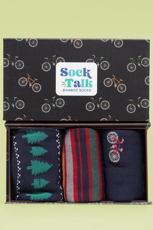Men's Bamboo Socks Bicycle Print Cycling Dress Sock Mountain Bike Gift Set Box