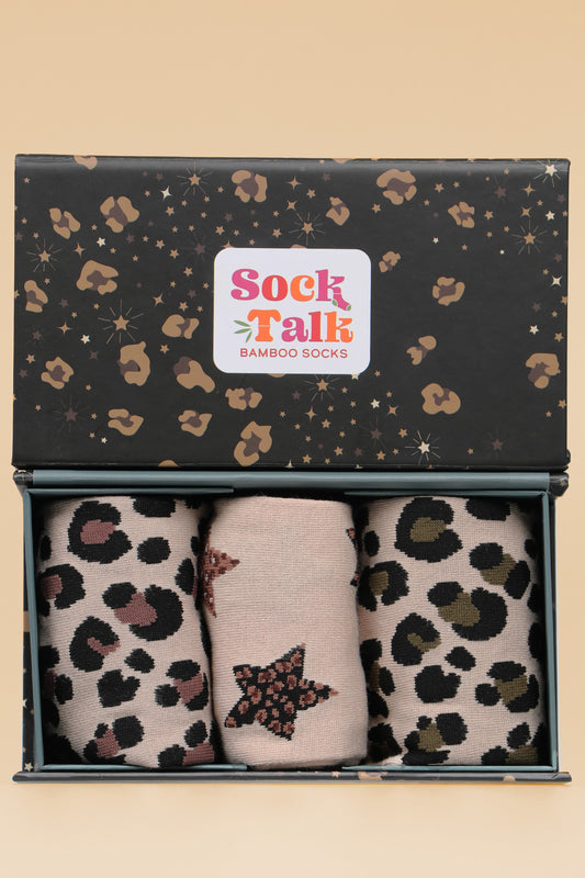 Women's Bamboo Socks Cheetah Neutral Animal Print Cream Gift Box Set