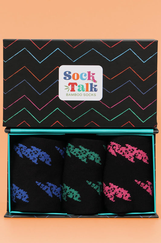 Women's Bamboo Black Glitter Socks Lightning Print Thunder Bolt Gift Set Box
