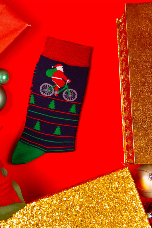 Men's Bamboo Socks - Navy Blue/Red, Cycling Santa