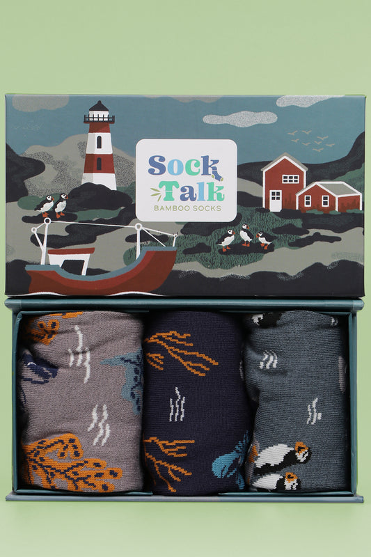 Men's Bamboo Socks Lobster Puffin Dress Socks Seaside Gift Set Box