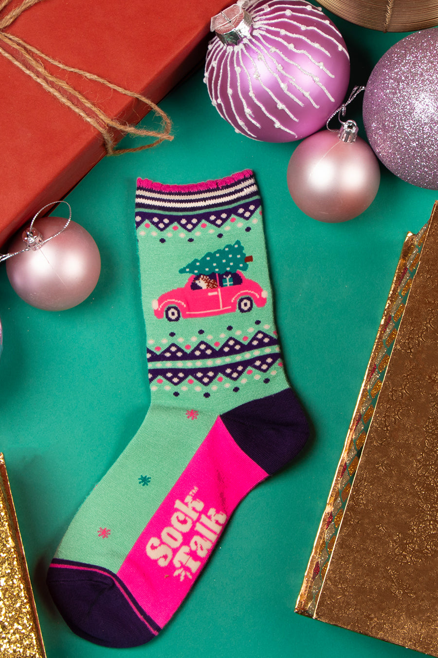 Women's Bamboo Socks - Green/Pink, Christmas Hedgehog Car