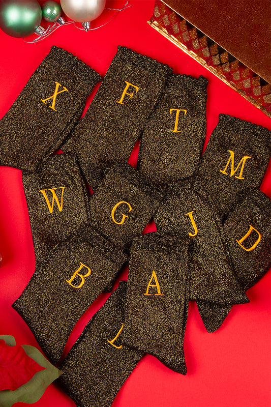 Women's Glitter Socks - Black/Gold, Initial "B"