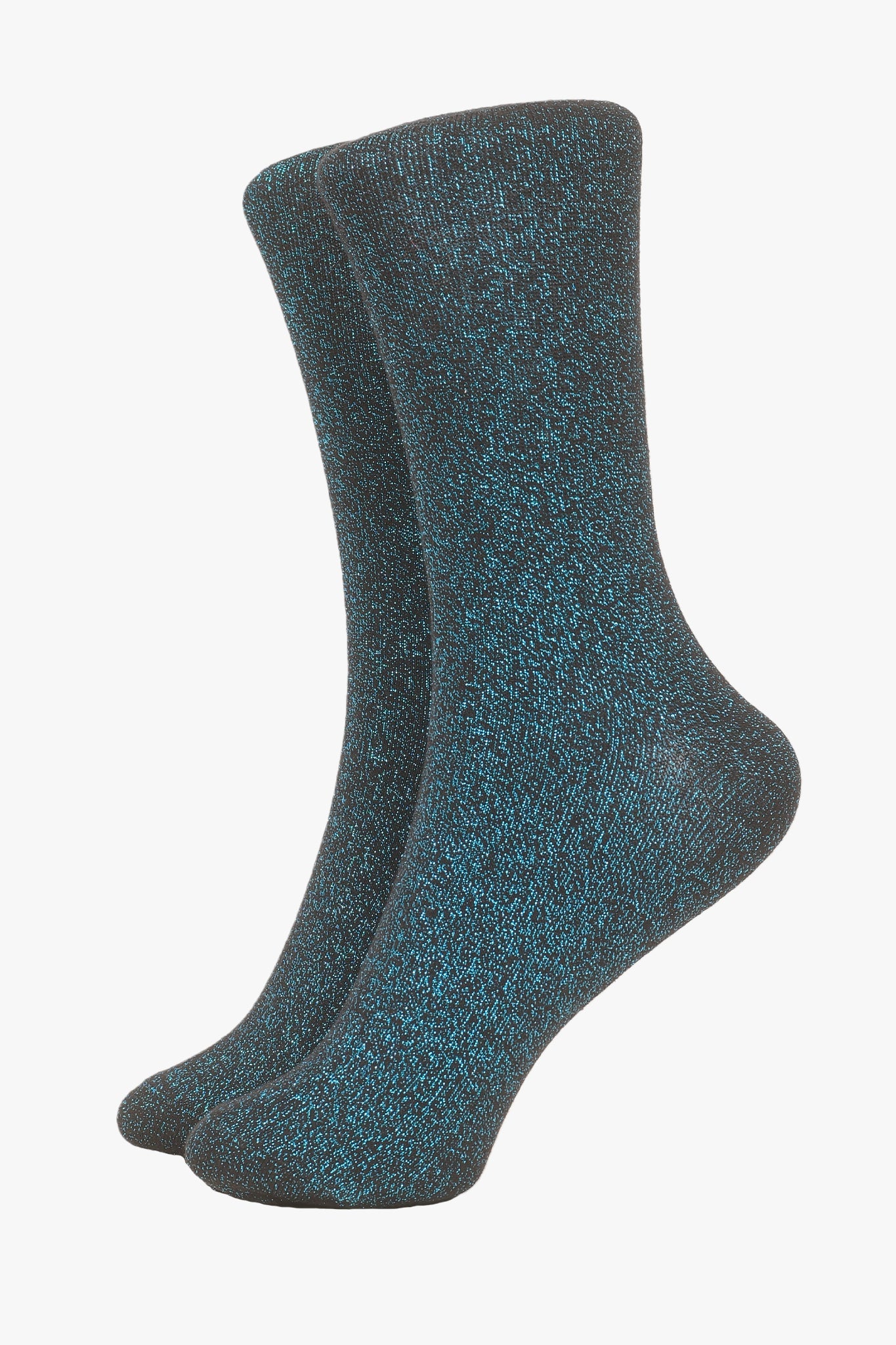 black cotton glitter socks with an all over turquoise glitter sparkle