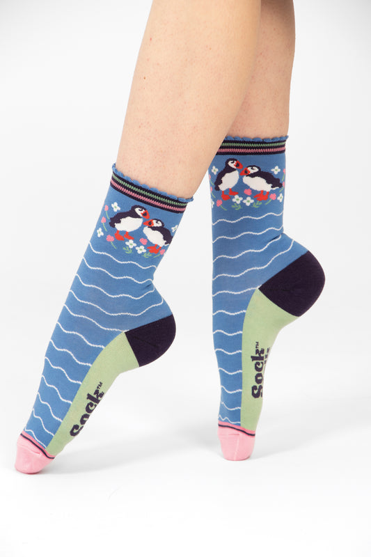 Women's Bamboo Socks - Blue, Puffins and Flowers