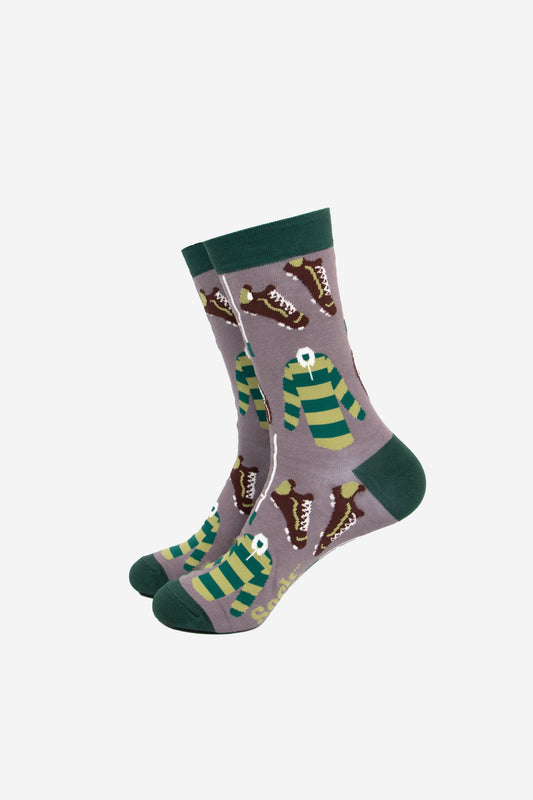 Men's Rugby Bamboo Socks - Grey/Dark Green, Rugby Print