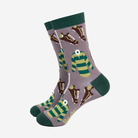 Men's Rugby Bamboo Socks - Grey/Dark Green, Rugby Print