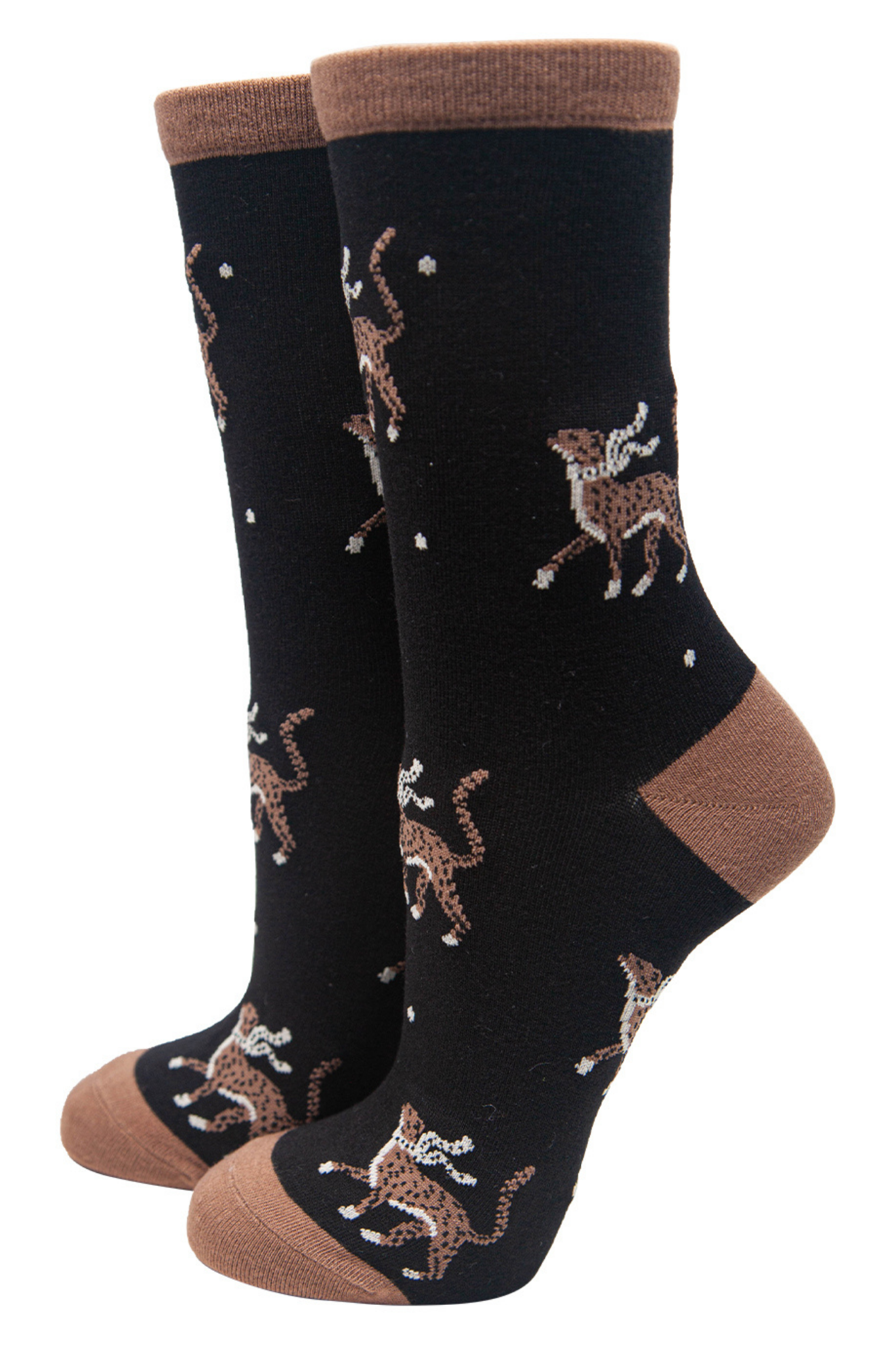 black ankle socks with brown Cheetah cats 