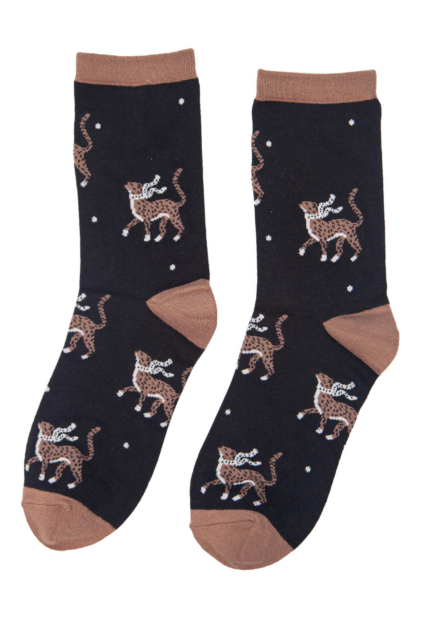 black ankle socks with brown toe, heel and trim with Cheetahs
