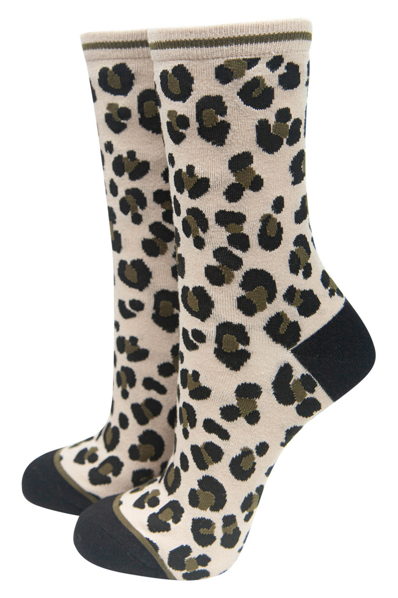 cream bamboo socks with an all over black and brown leoaprd print