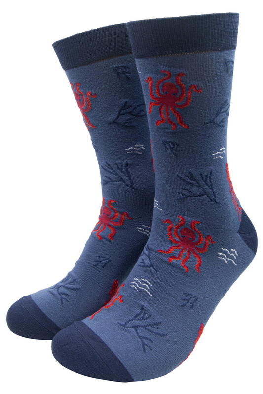 blue bamboo socks with red octopus all over