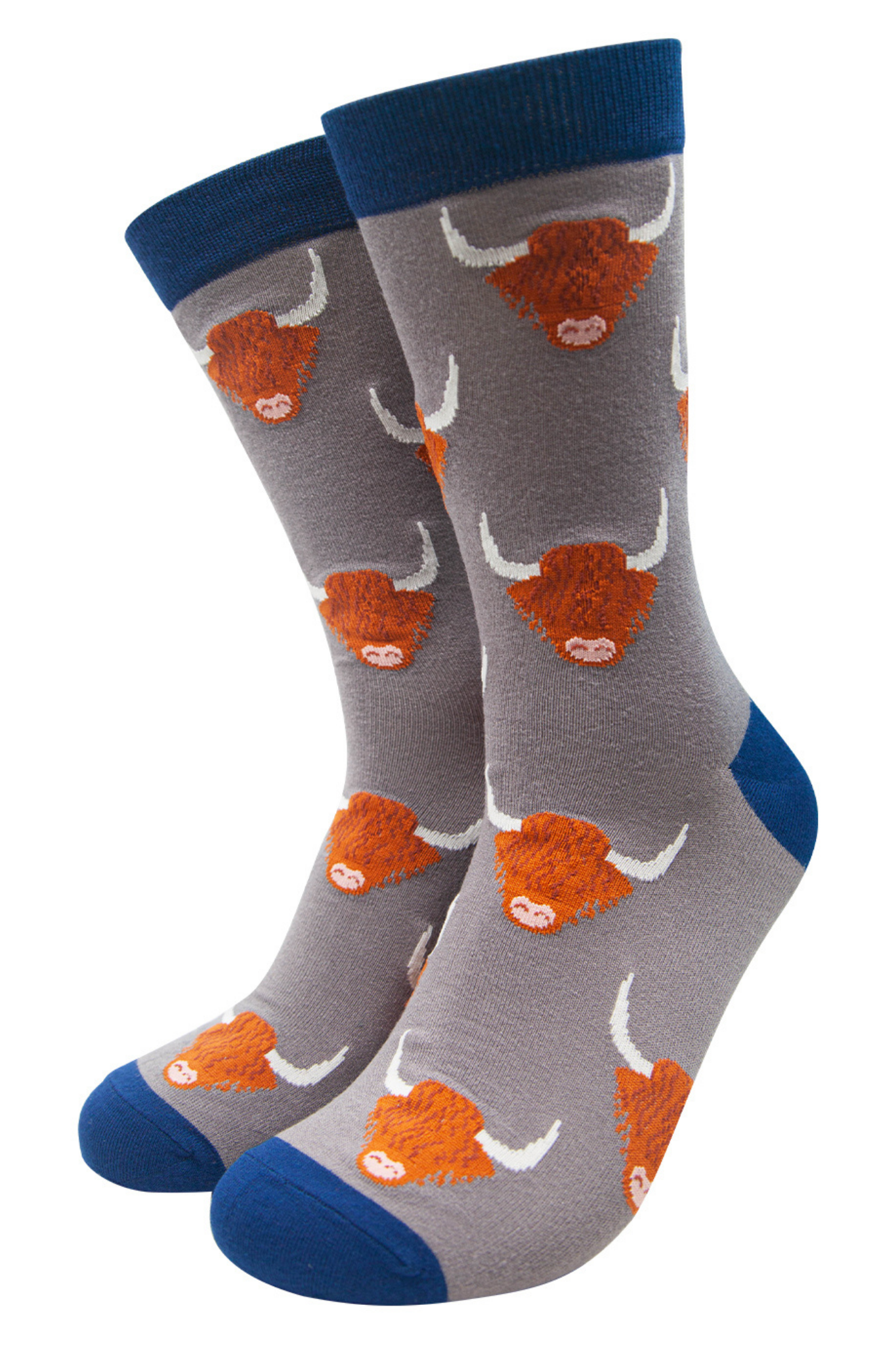 grey bamboo socks with blue toe, heel and trim with all over pattern of highland cows