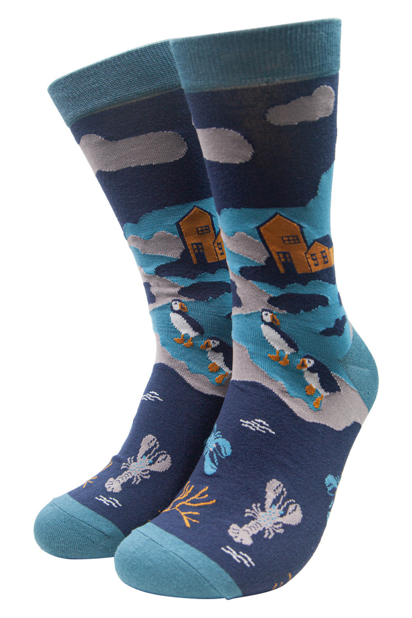 blue bamboo socks designed to look like a coastal scene with puffins, lobsters and a shoreline