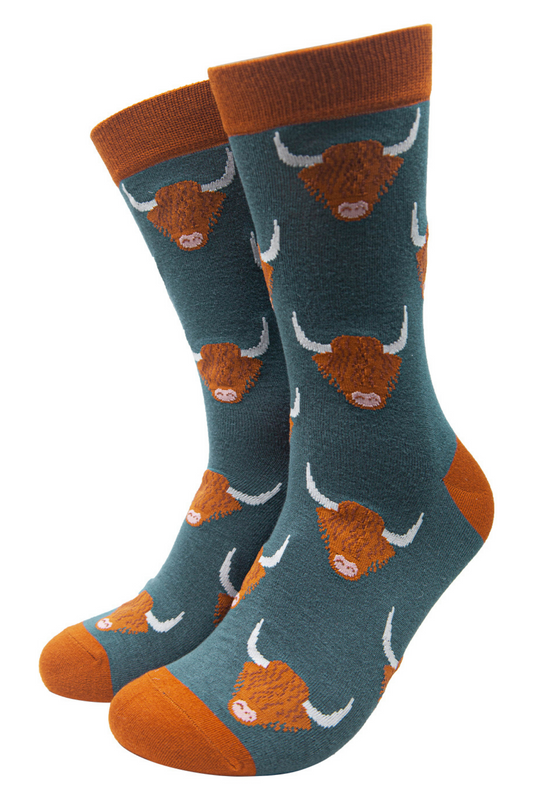 teal blue bamboo socks with all over print with highland cows