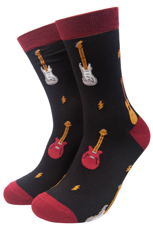 black bamboo dress socks with electric guitars and lightning bolts