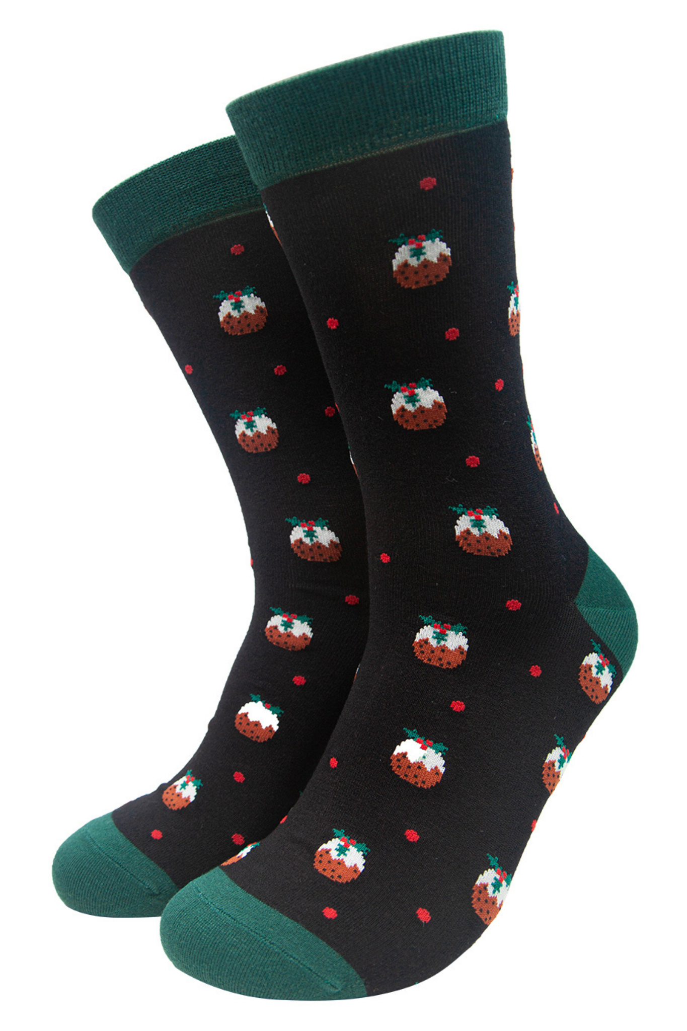 black bamboo socks with xmas puddings all over